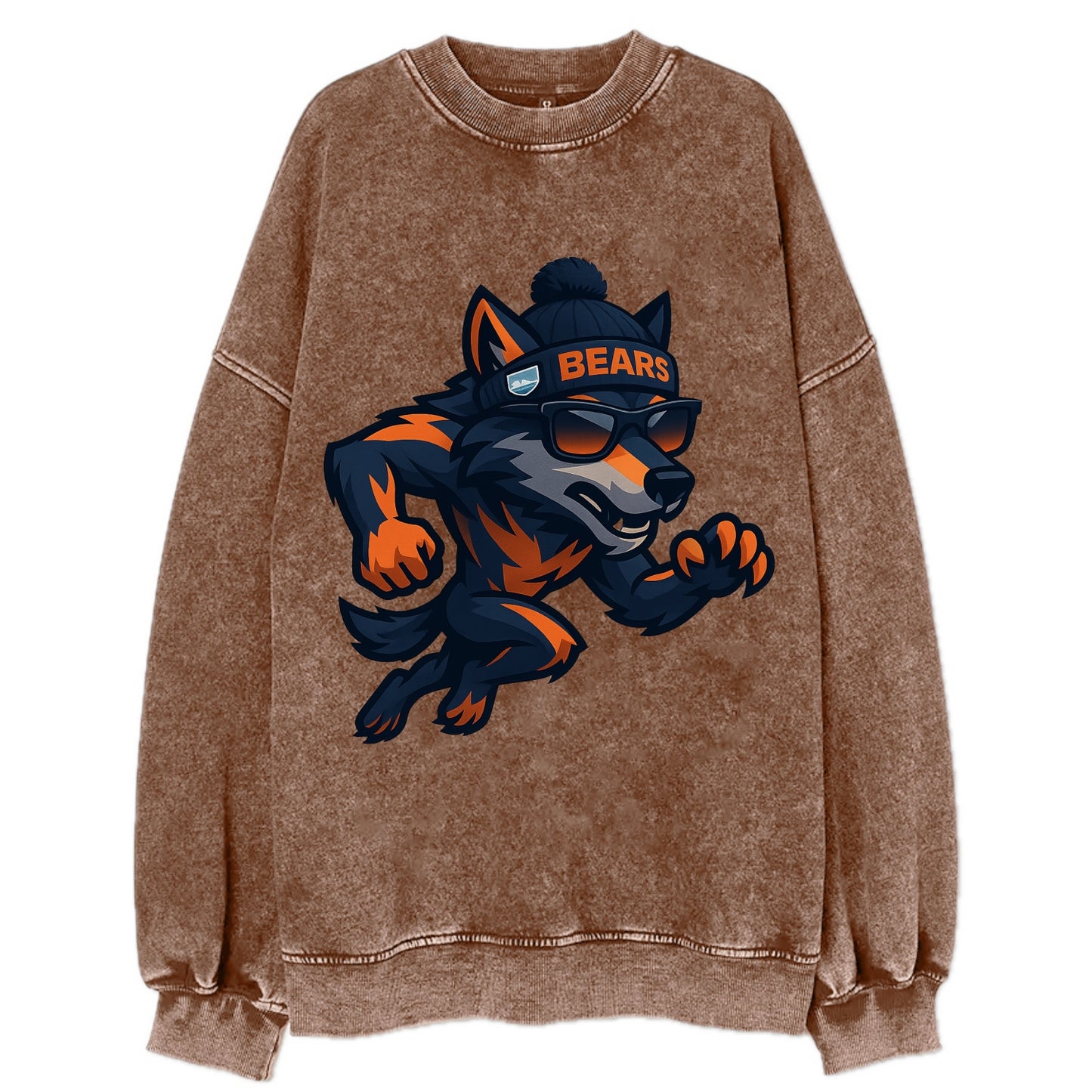 Chicago Wolf wearing Bears beanie with Lake Michigan patch and wayfarer - Vintage Sweatshirt - Brown