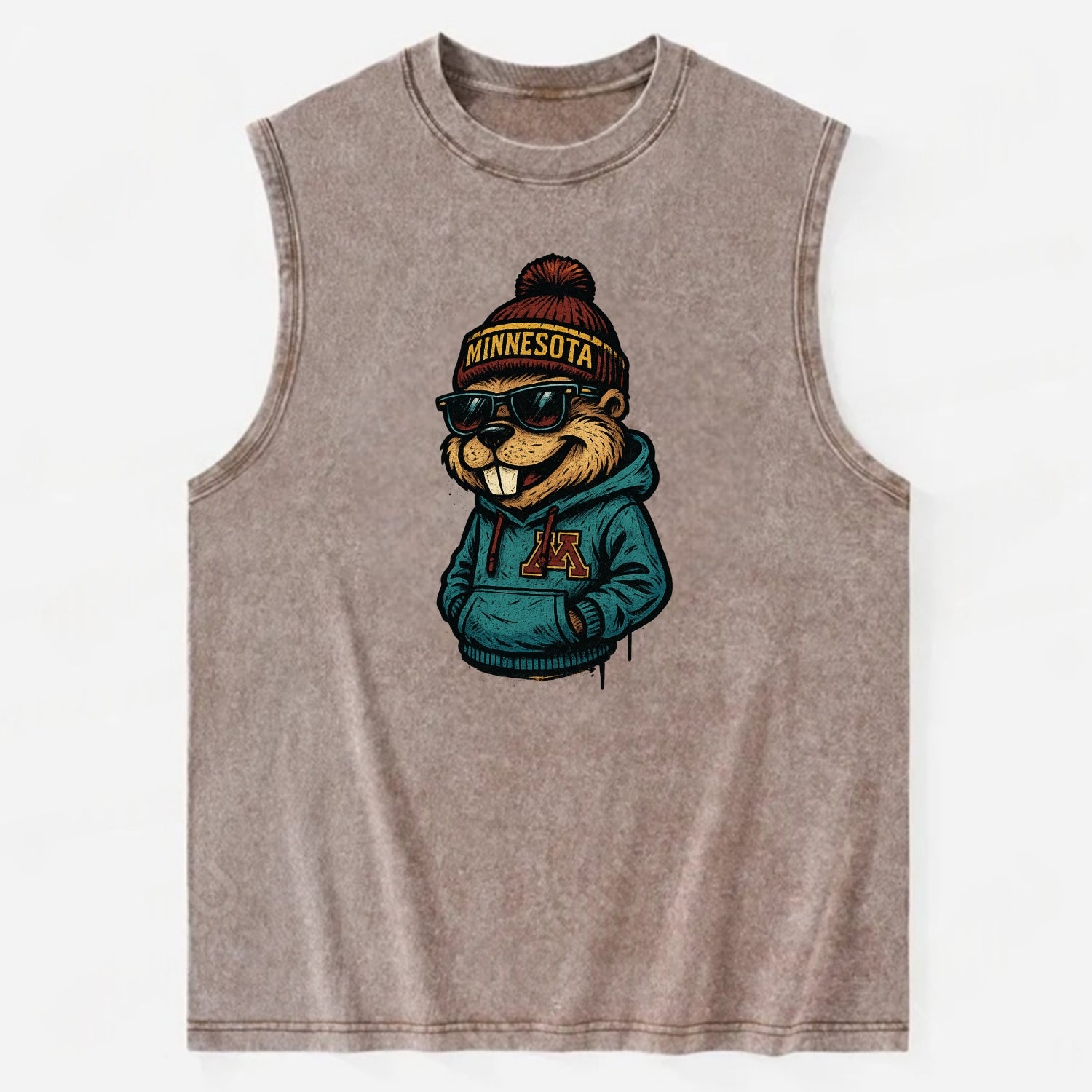 Minneapolis Gopher wearing Minnesota beanie with M patch - Vintage Washed Tank - Brown