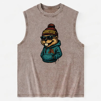 Minneapolis Gopher wearing Minnesota beanie with M patch - Vintage Washed Tank - Brown