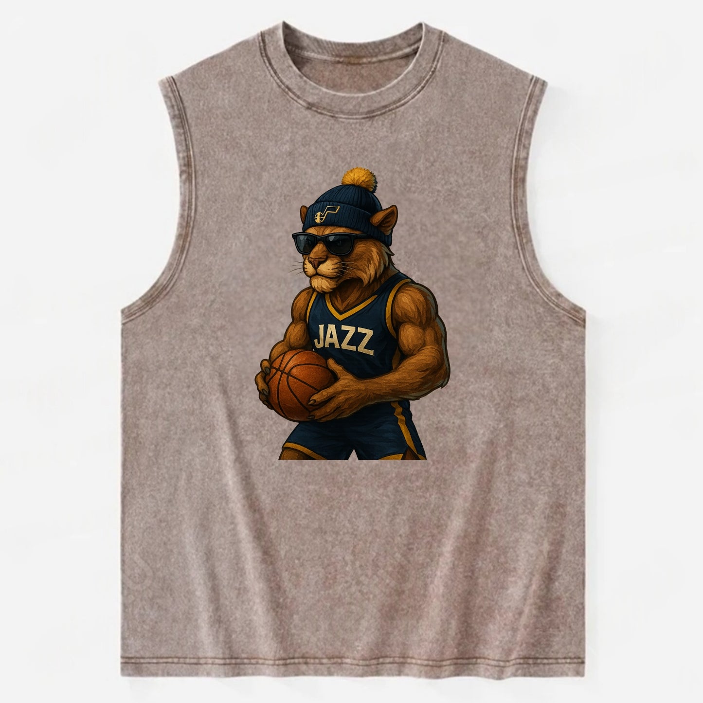 Utah Mountain Lion wearing Jazz navy and yellow beanie with music note and - Vintage Washed Tank - Brown