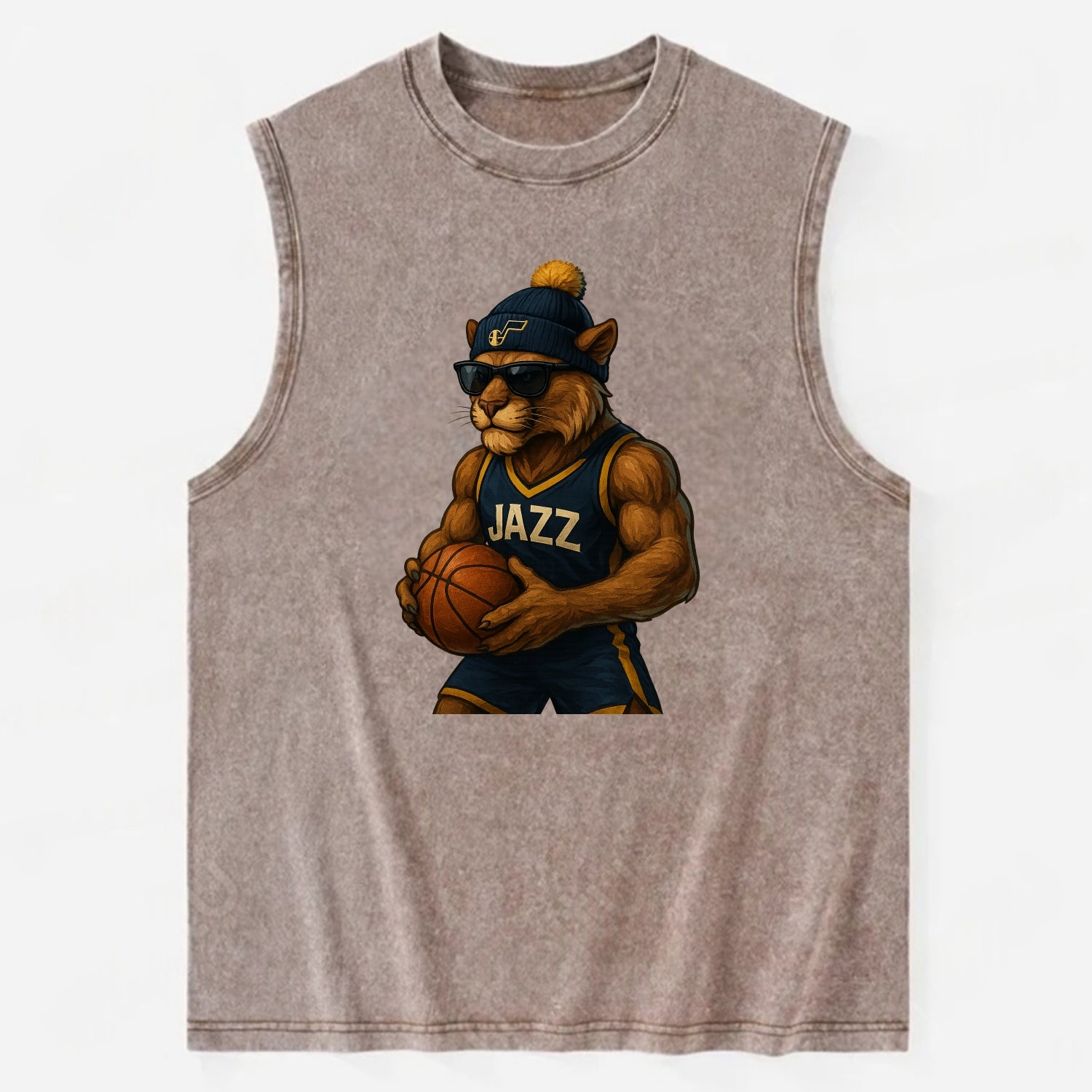 Utah Mountain Lion wearing Jazz navy and yellow beanie with music note and - Vintage Washed Tank - Brown