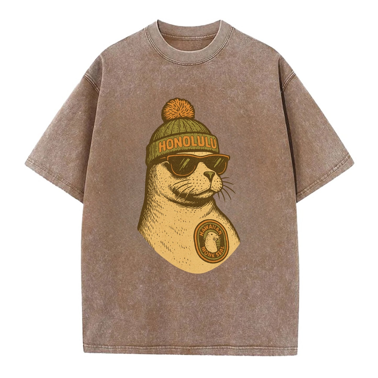 Hawaii Monk Seal wearing Honolulu beanie with pom pom and wayfarer sunglasses - Vintage T-shirt - Brown