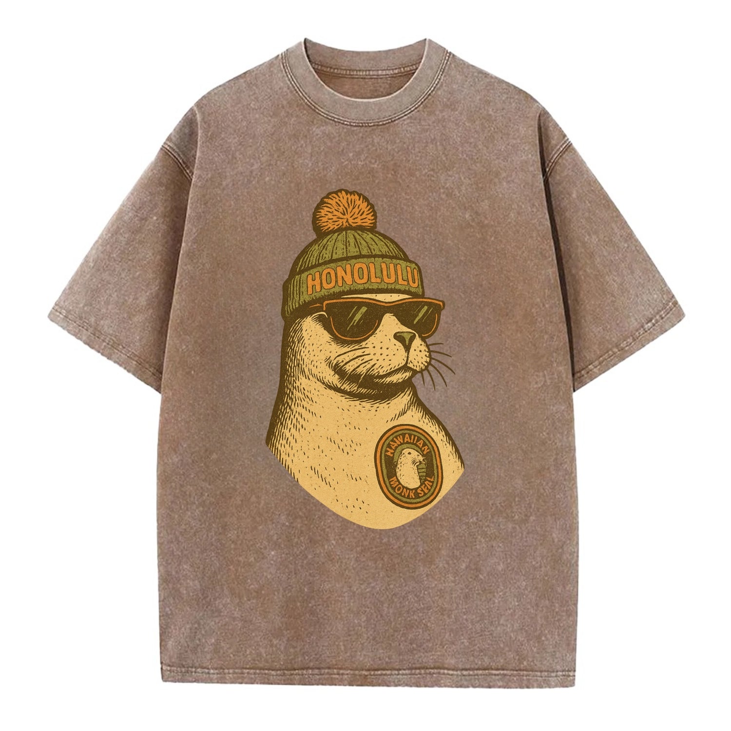 Hawaii Monk Seal wearing Honolulu beanie with pom pom and wayfarer sunglasses - Vintage T-shirt - Brown
