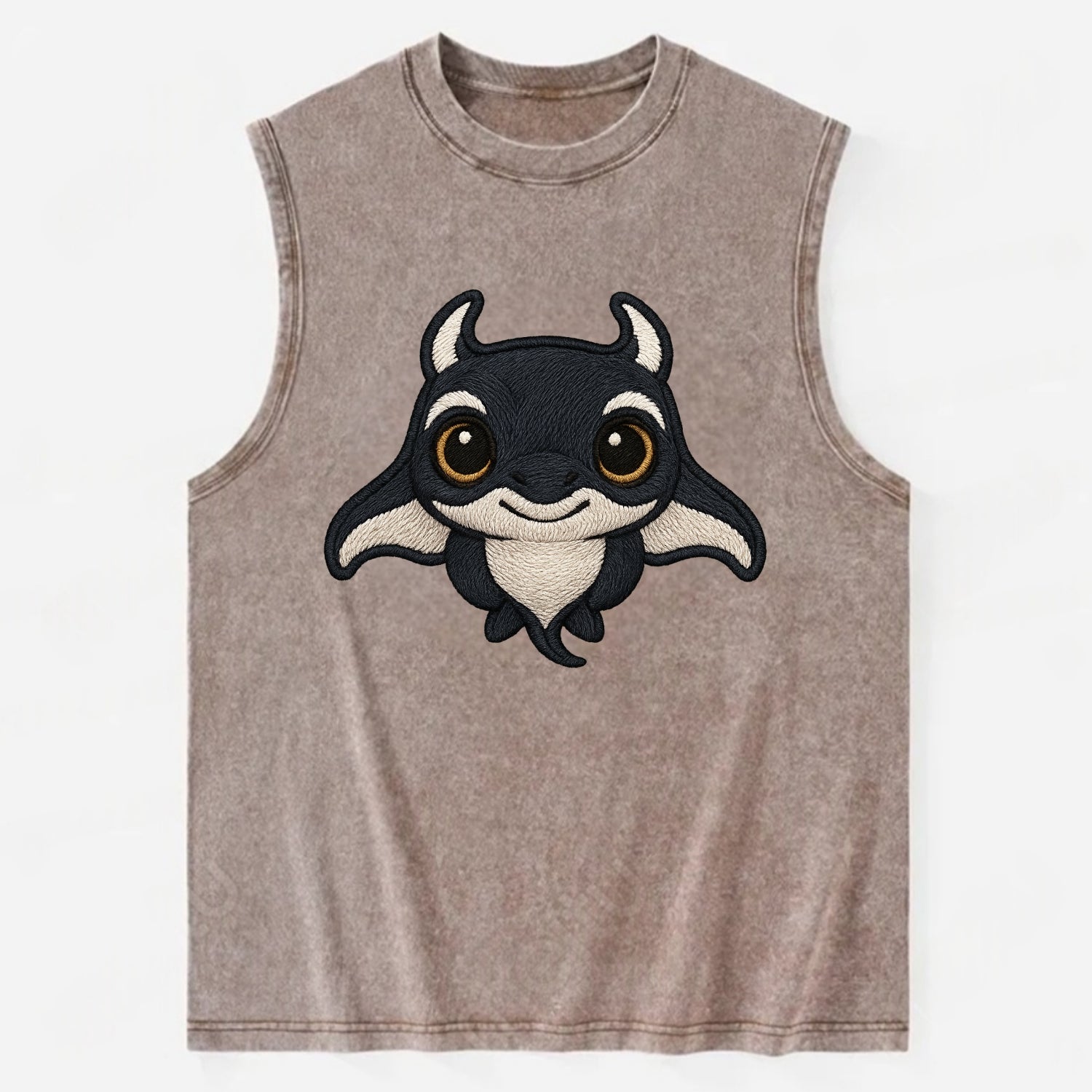 Baby Manta Ray - dark with white markings, cephalic fins, gentle eyes, - Vintage Washed Tank - Brown