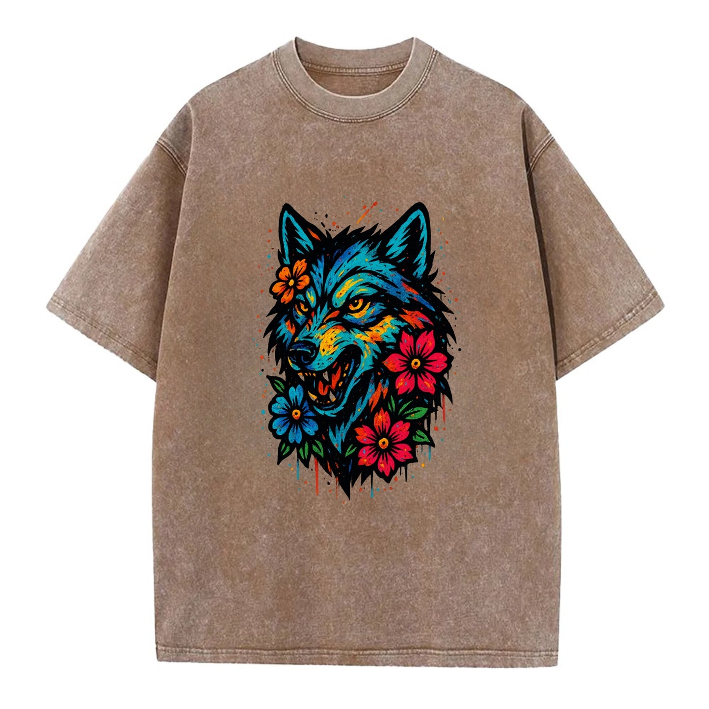 Floral Wolf Garden  - Vintage T-shirt - Brown