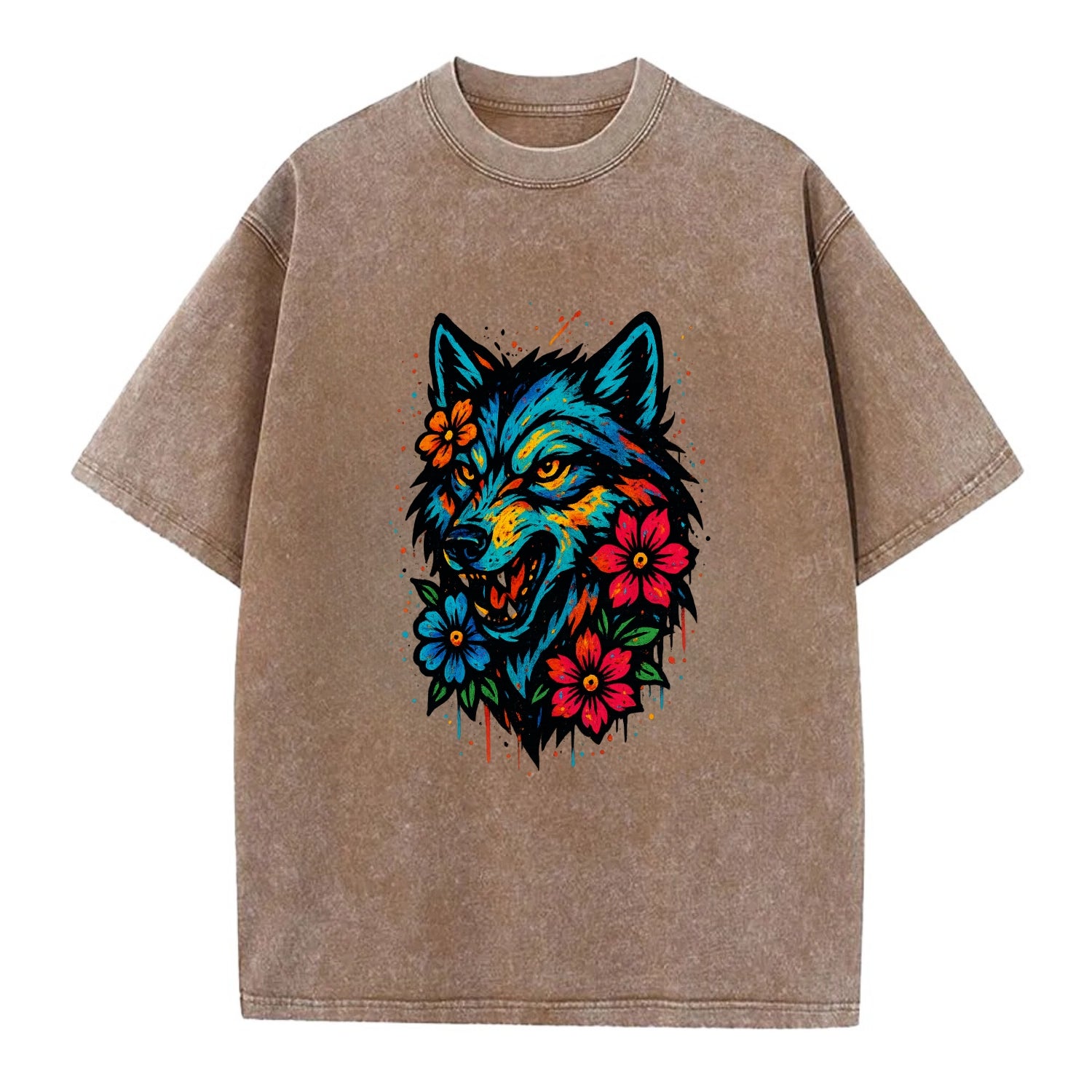 Floral Wolf Garden  - Vintage T-shirt - Brown