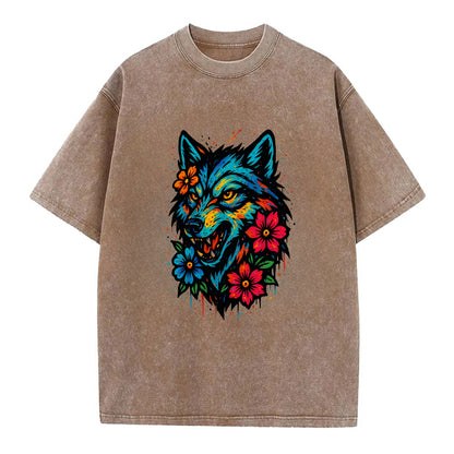 Floral Wolf Garden  - Vintage T-shirt - Brown