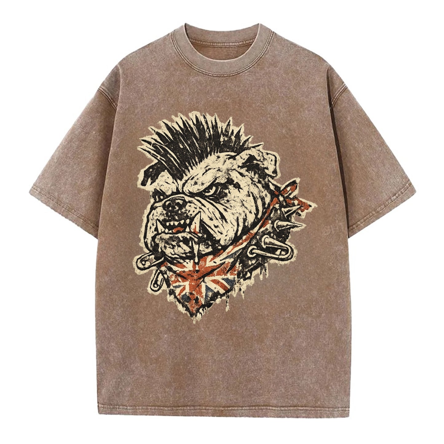 PUNK BULLDOG | British bulldog with mohawk | Safety pins through collar | Union - Vintage T-shirt - Brown