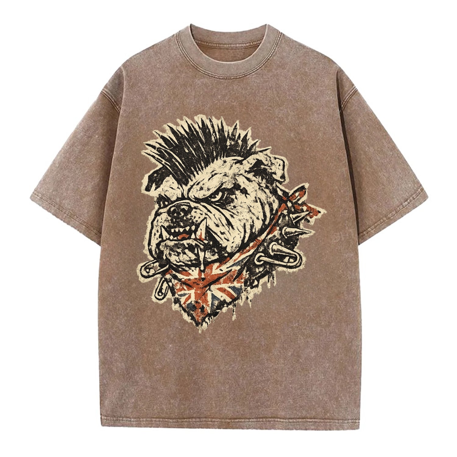 PUNK BULLDOG | British bulldog with mohawk | Safety pins through collar | Union - Vintage T-shirt - Brown