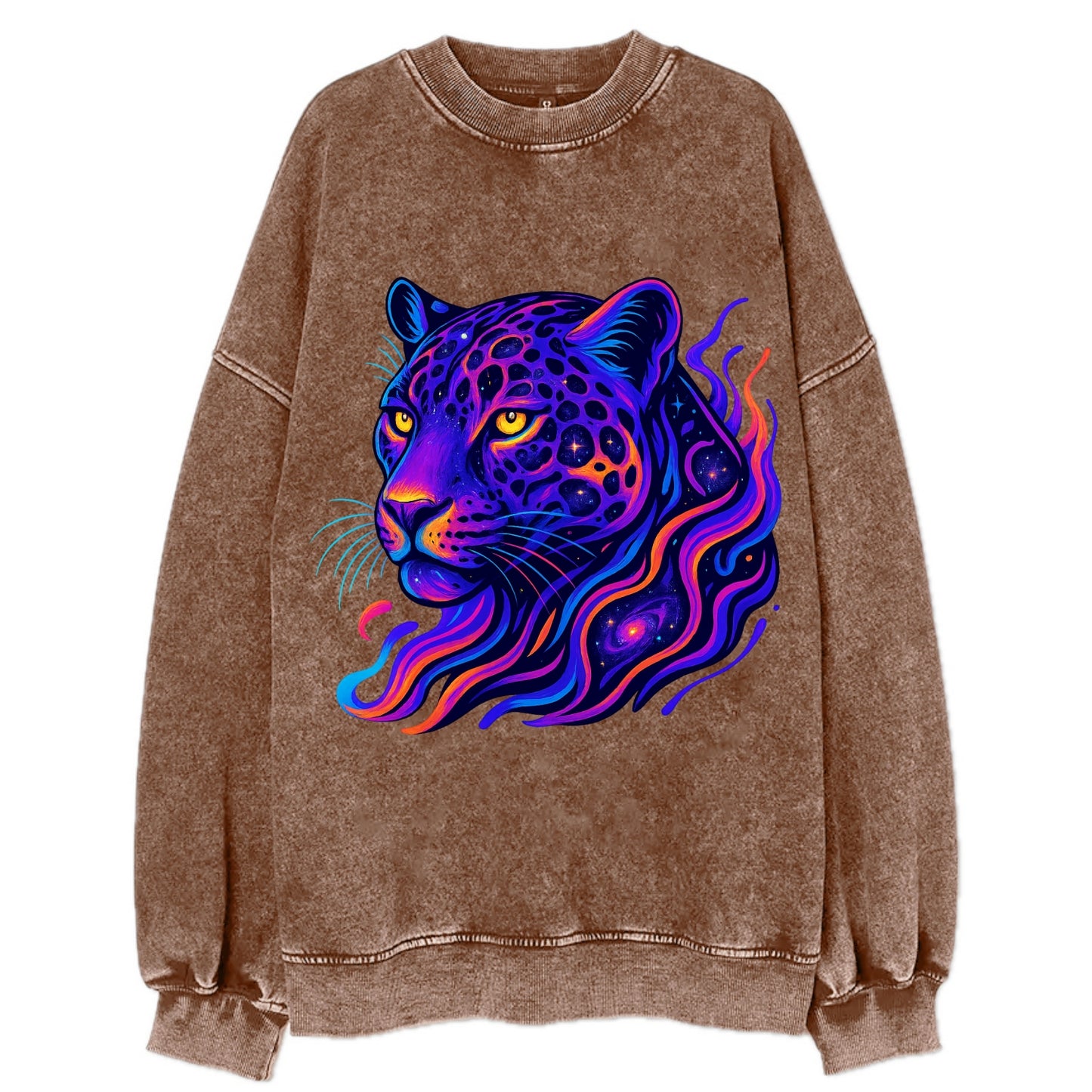 Powerful jaguar with rosettes containing miniature galaxies, cosmic purple and - Vintage Sweatshirt - Brown