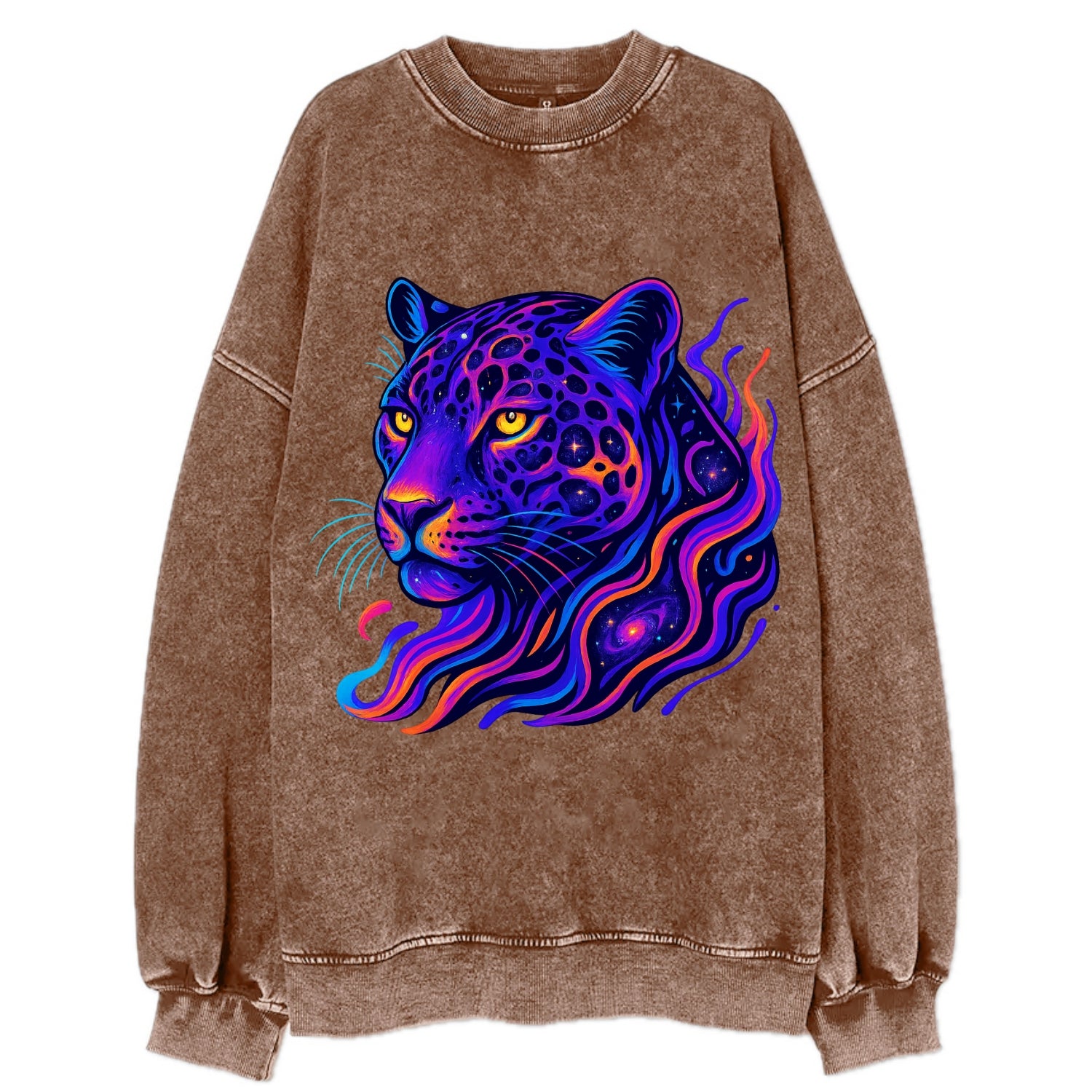 Powerful jaguar with rosettes containing miniature galaxies, cosmic purple and - Vintage Sweatshirt - Brown