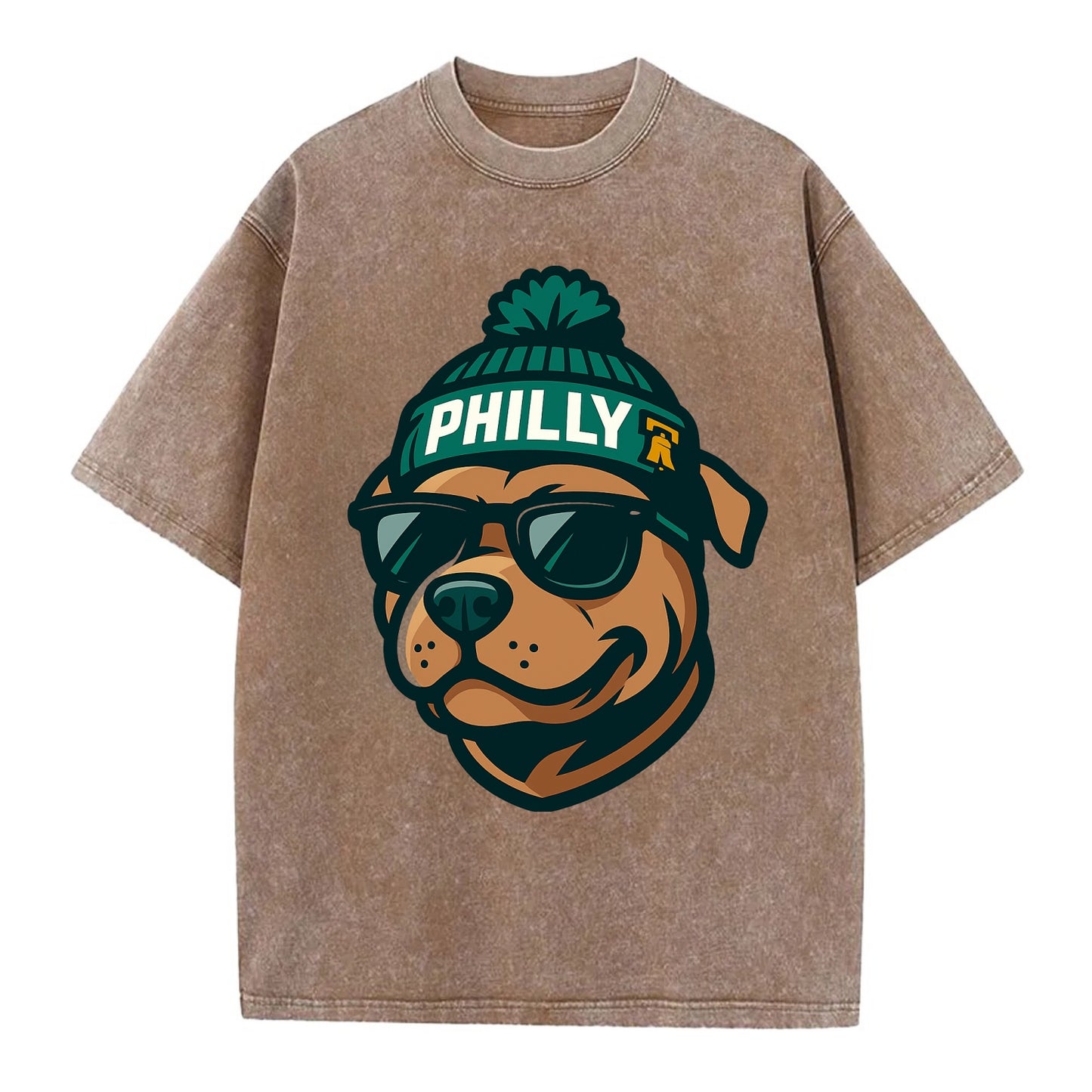 Philly Pitbull wearing Eagles beanie with Liberty Bell patch and wayfarer - Vintage T-shirt - Brown