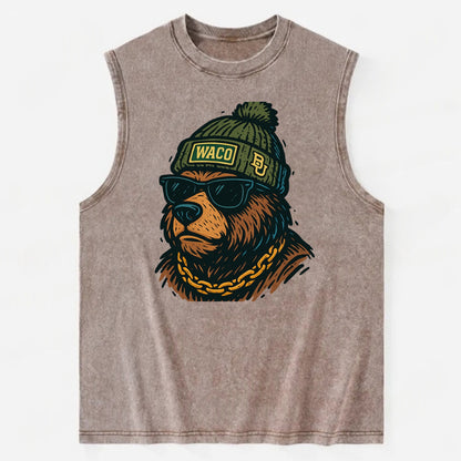 Waco Bear wearing Baylor beanie with BU patch - Vintage Washed Tank - Brown