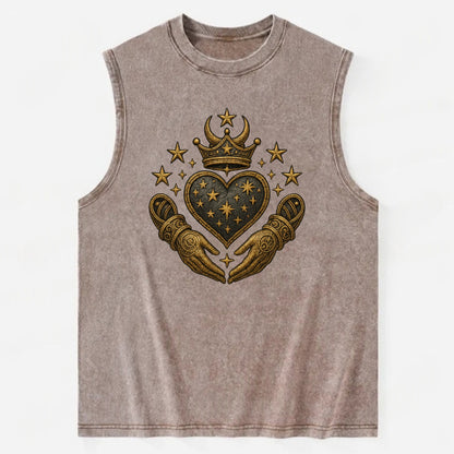 Weathered antique brass crown above a hammered gunmetal heart framed by - Vintage Washed Tank - Brown