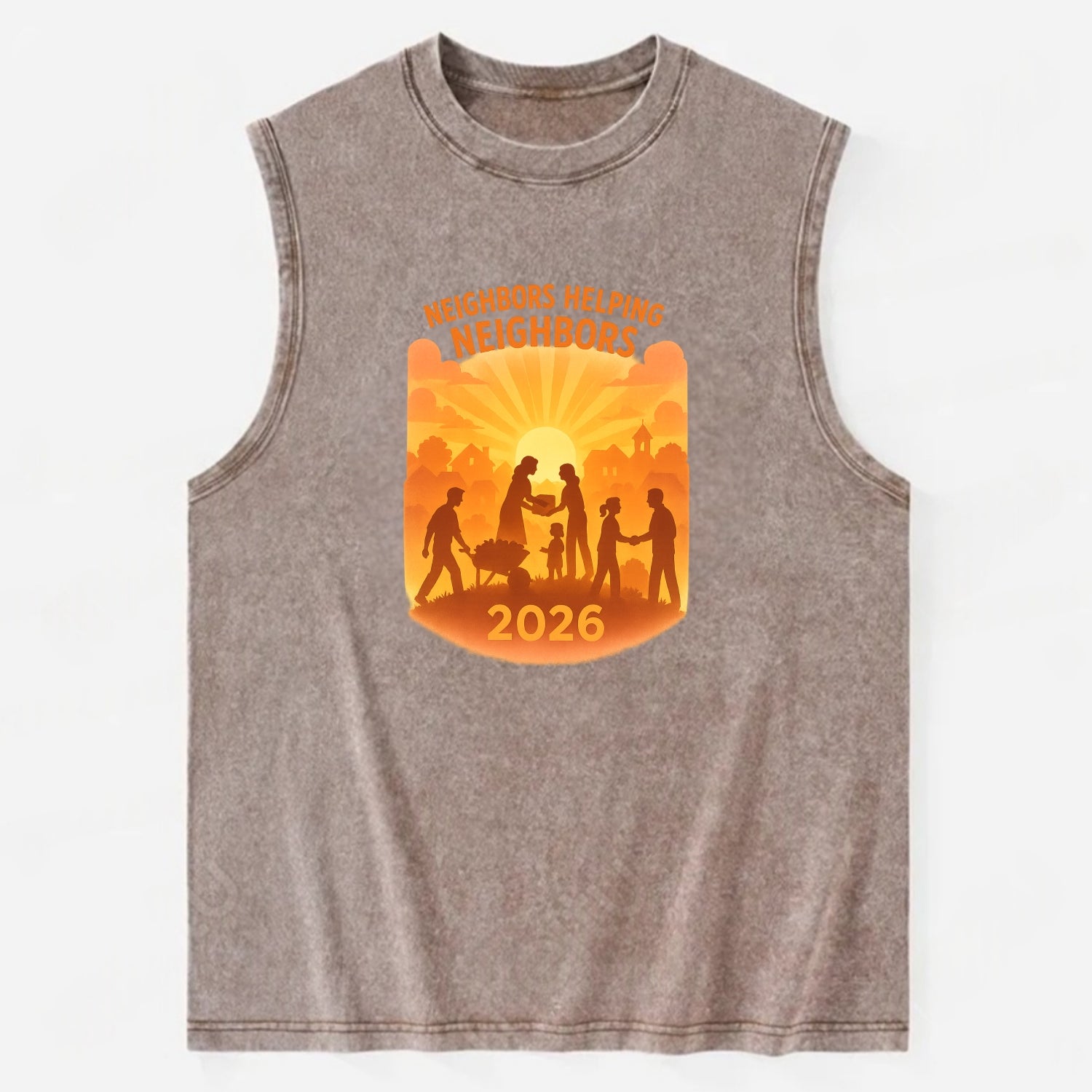 Local communities thriving with shared resources - "Neighbors Helping - Vintage Washed Tank - Brown