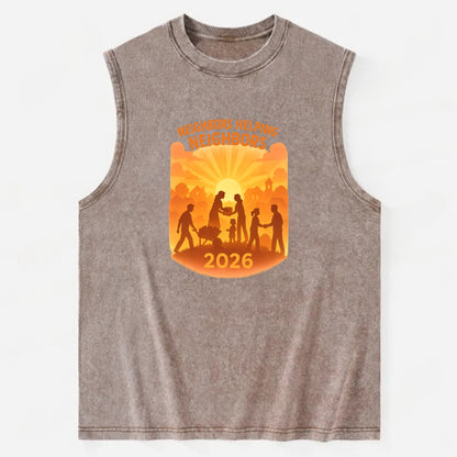 Local communities thriving with shared resources - "Neighbors Helping - Vintage Washed Tank - Brown