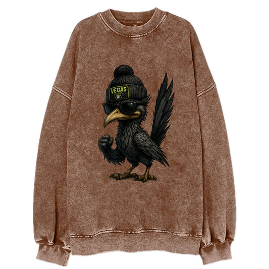 Vegas Roadrunner wearing Raiders beanie with neon patch and wayfarer sunglasses - Vintage Sweatshirt - Brown