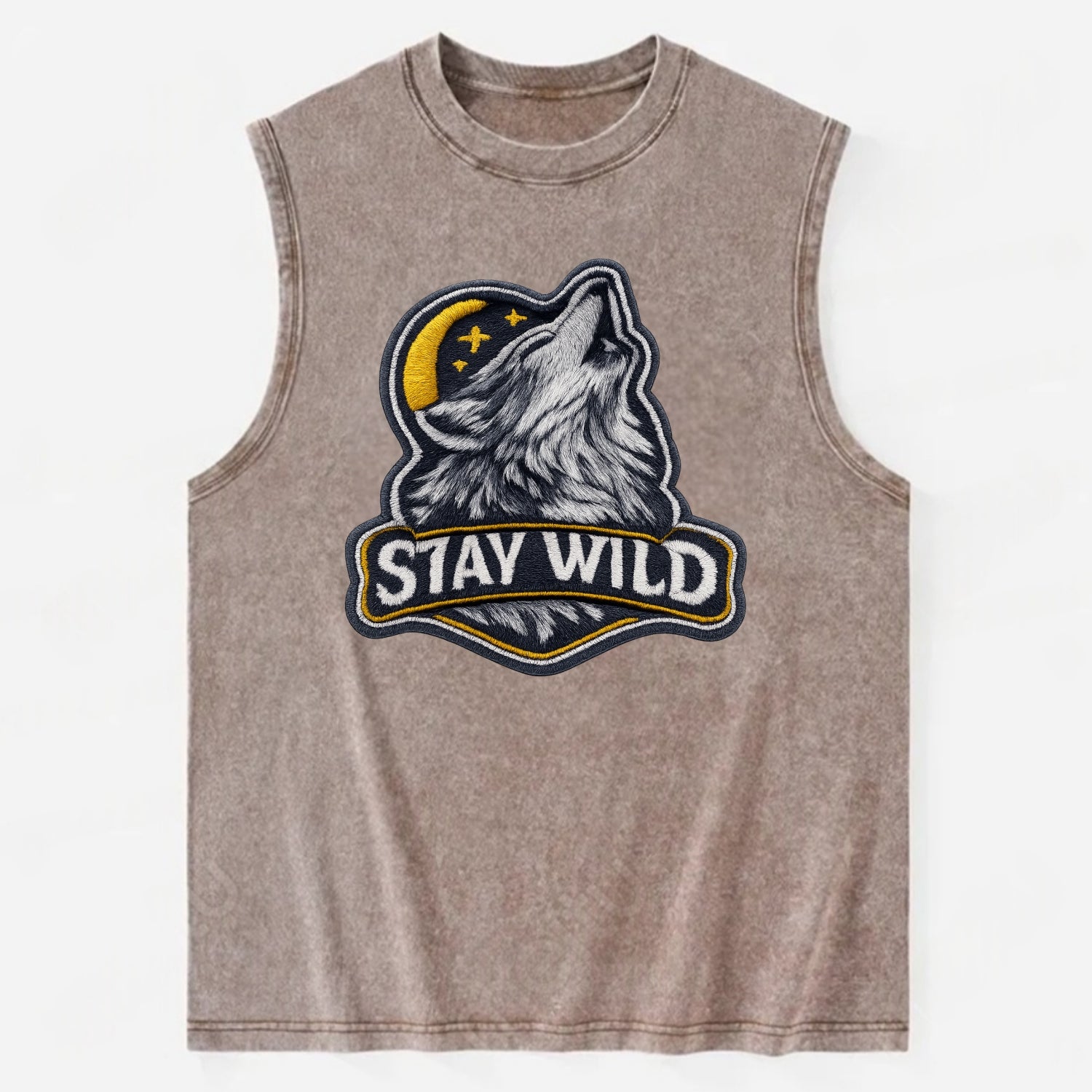 STAY WILD - wolf with text in gray , free spirit - Vintage Washed Tank - Brown
