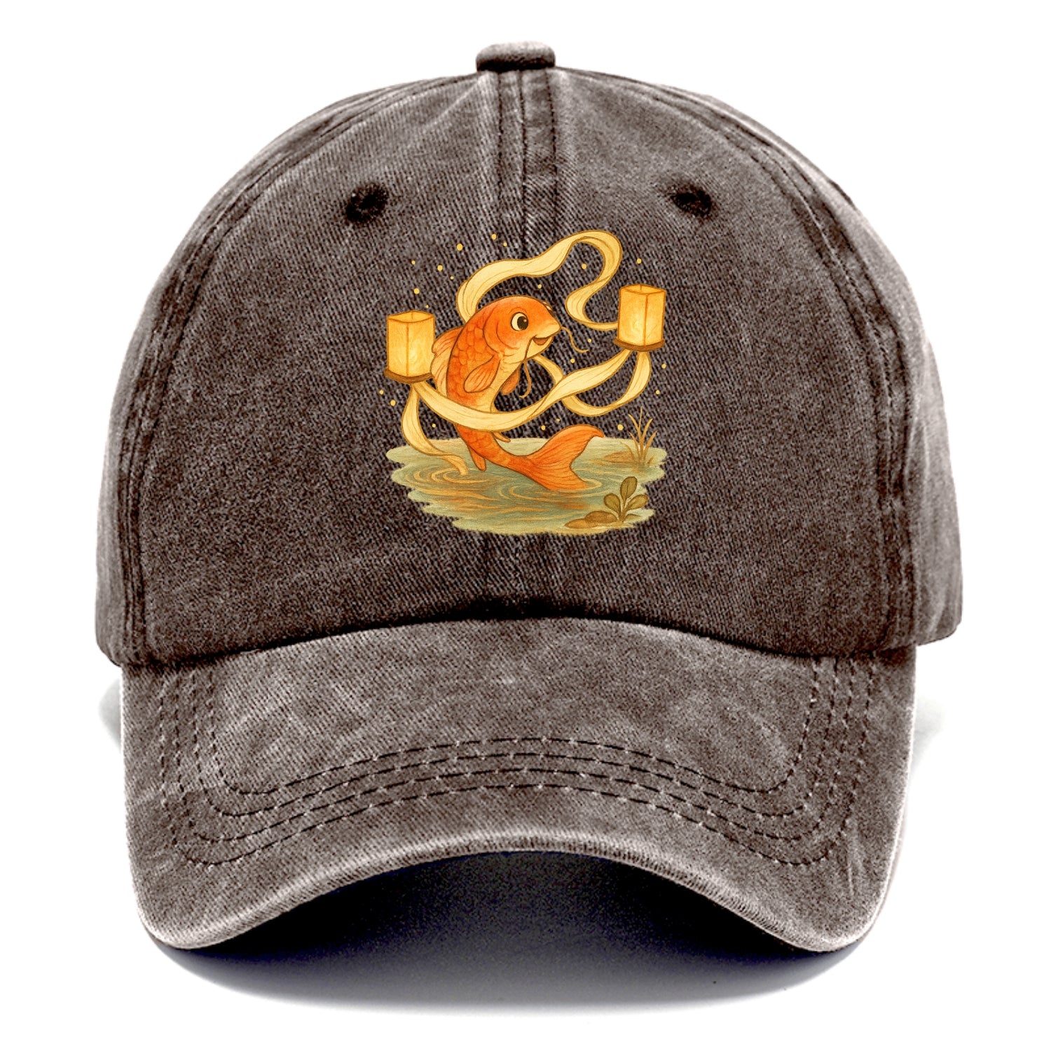 Koi weaving silk streamers through floating lanterns on tranquil water - Classic Cap - Brown