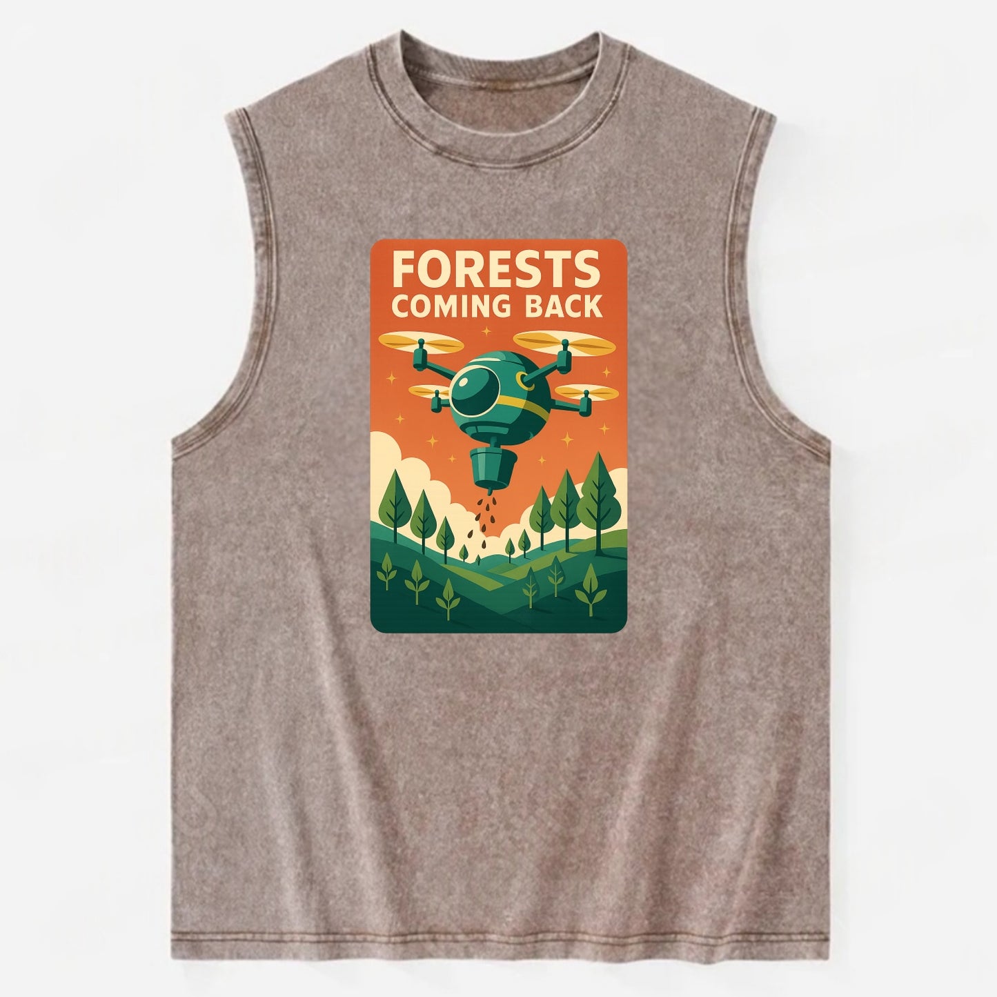 Reforestation drone planting millions of trees - "Forests Coming Back" - - Vintage Washed Tank - Brown