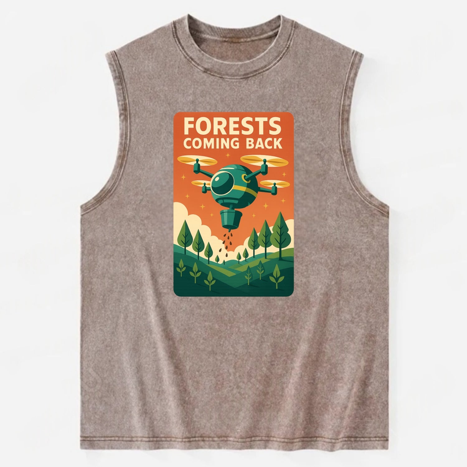 Reforestation drone planting millions of trees - "Forests Coming Back" - - Vintage Washed Tank - Brown