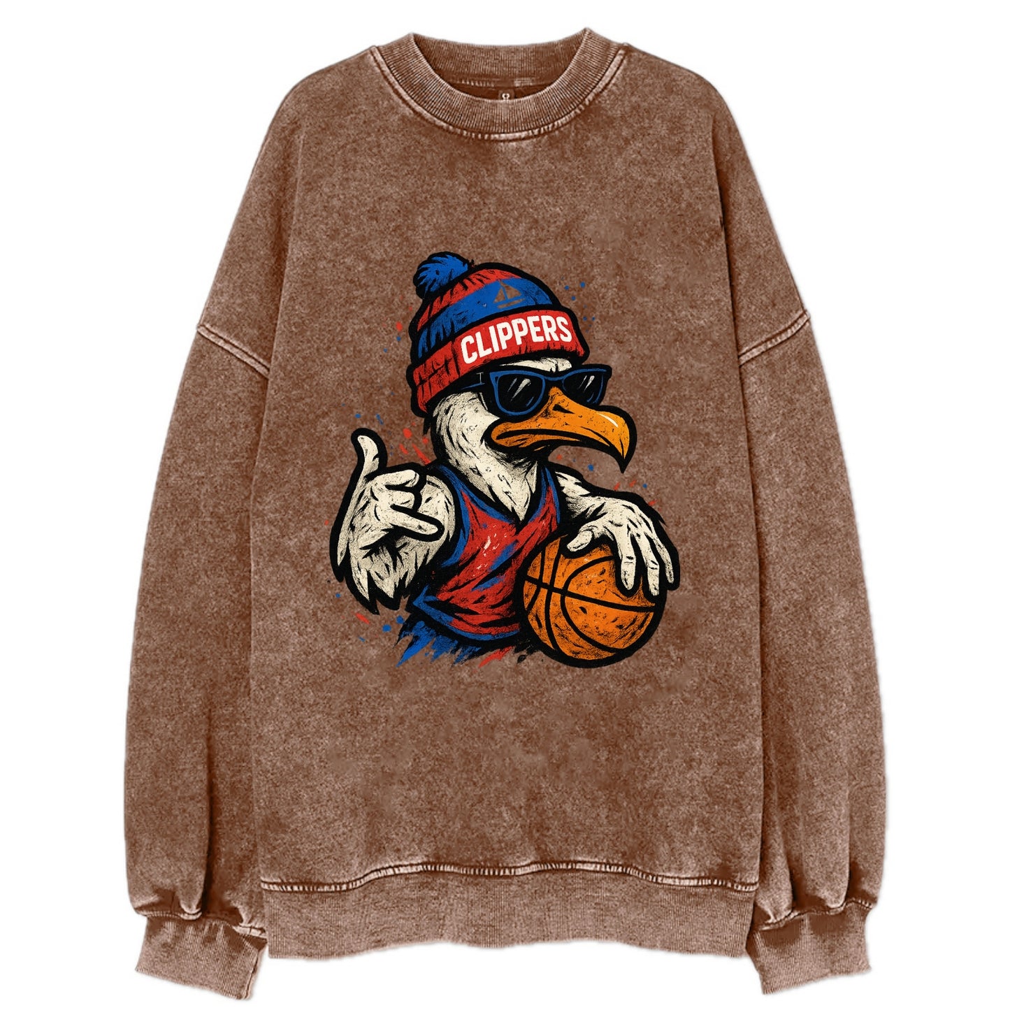 LA Seagull wearing Clippers red white and blue beanie with ship patch and - Vintage Sweatshirt - Brown