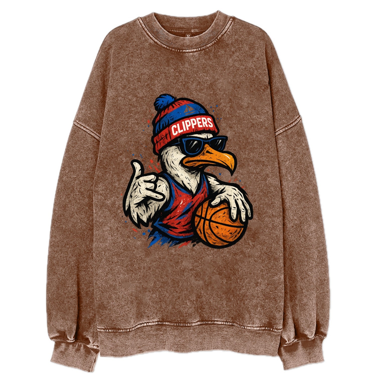 LA Seagull wearing Clippers red white and blue beanie with ship patch and - Vintage Sweatshirt - Brown
