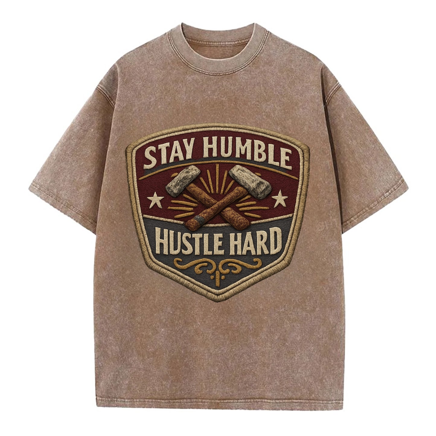 STAY HUMBLE HUSTLE HARD - text in silver , work ethic - Vintage T-shirt - Brown