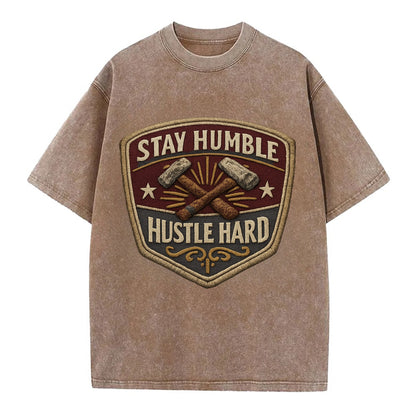 STAY HUMBLE HUSTLE HARD - text in silver , work ethic - Vintage T-shirt - Brown