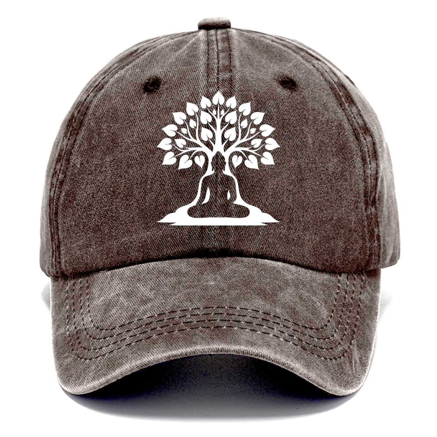 Buddha silhouette meditating - negative space forms bodhi tree - Classic Cap - Brown