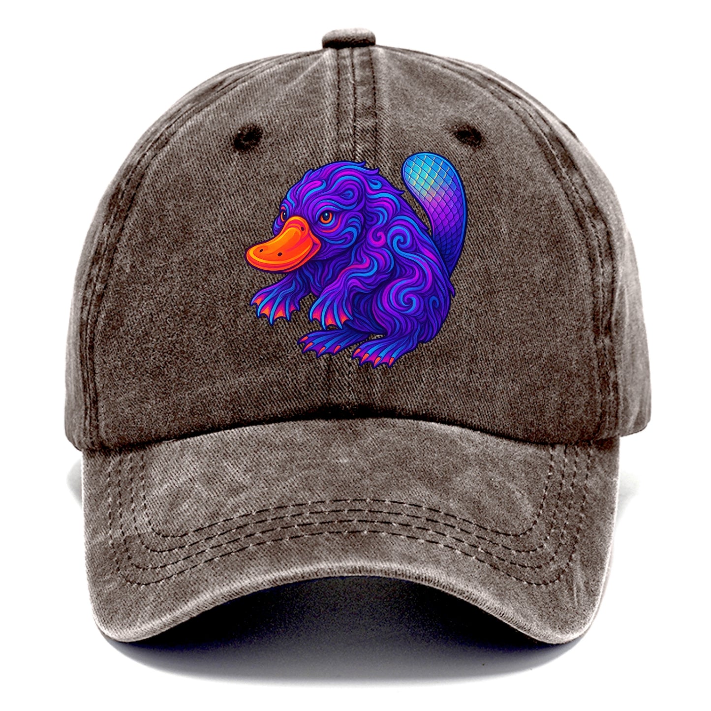 Quirky platypus with bill glowing in neon orange, beaver tail with holographic - Classic Cap - Brown
