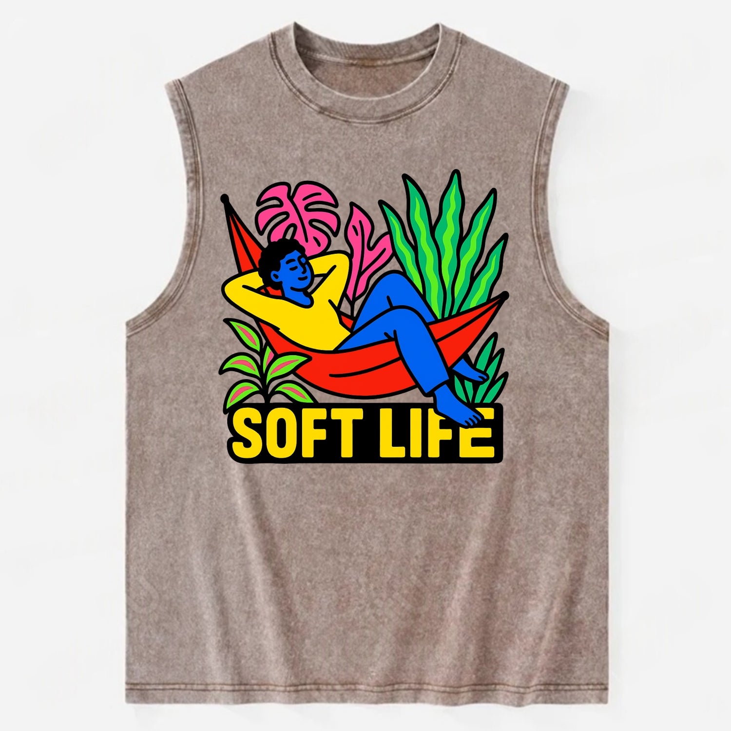 Person relaxing in hammock with plants - "soft life" aesthetic, peaceful - Vintage Washed Tank - Brown
