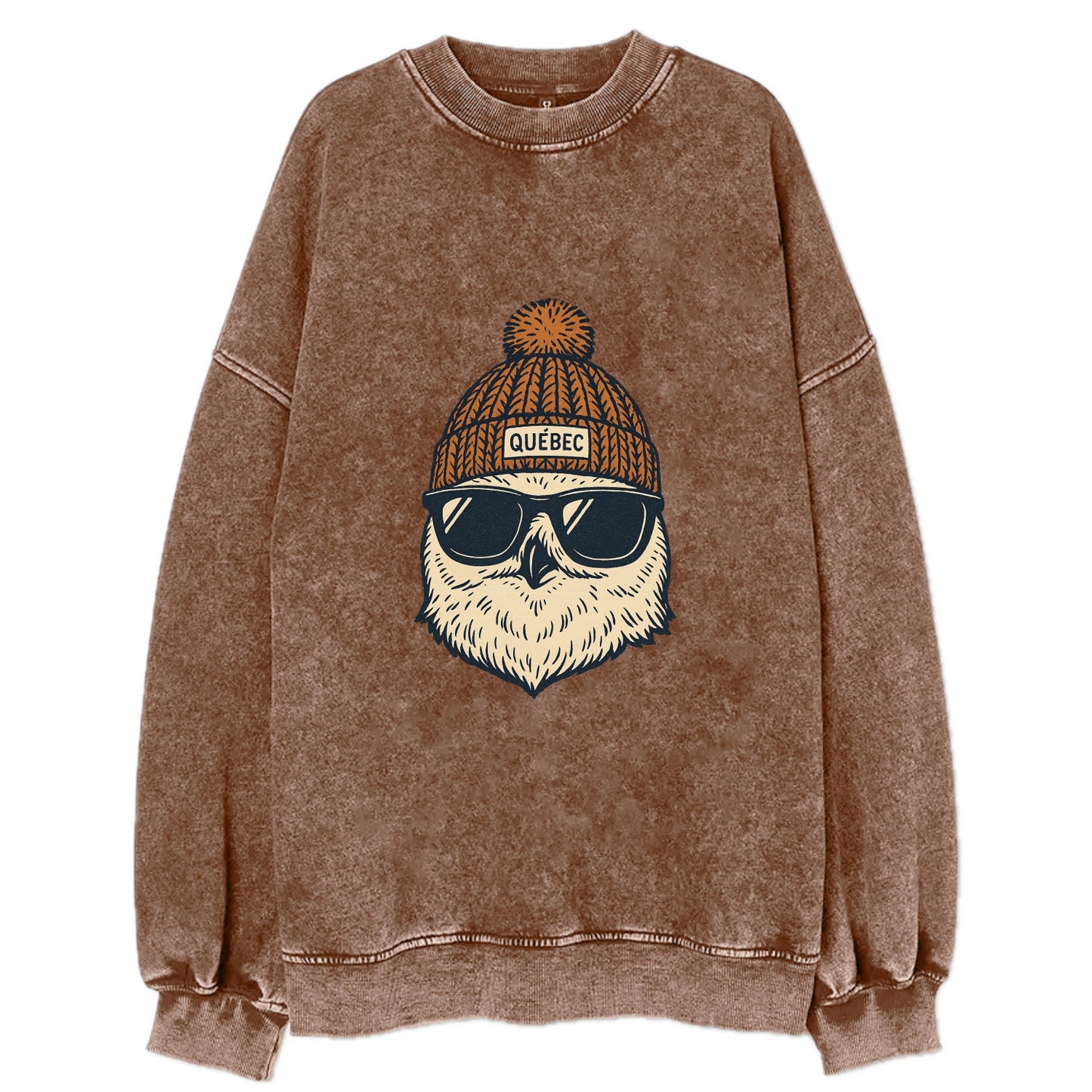 Quebec City Snowy Owl wearing Quebec beanie with pom pom and wayfarer - Vintage Sweatshirt - Brown