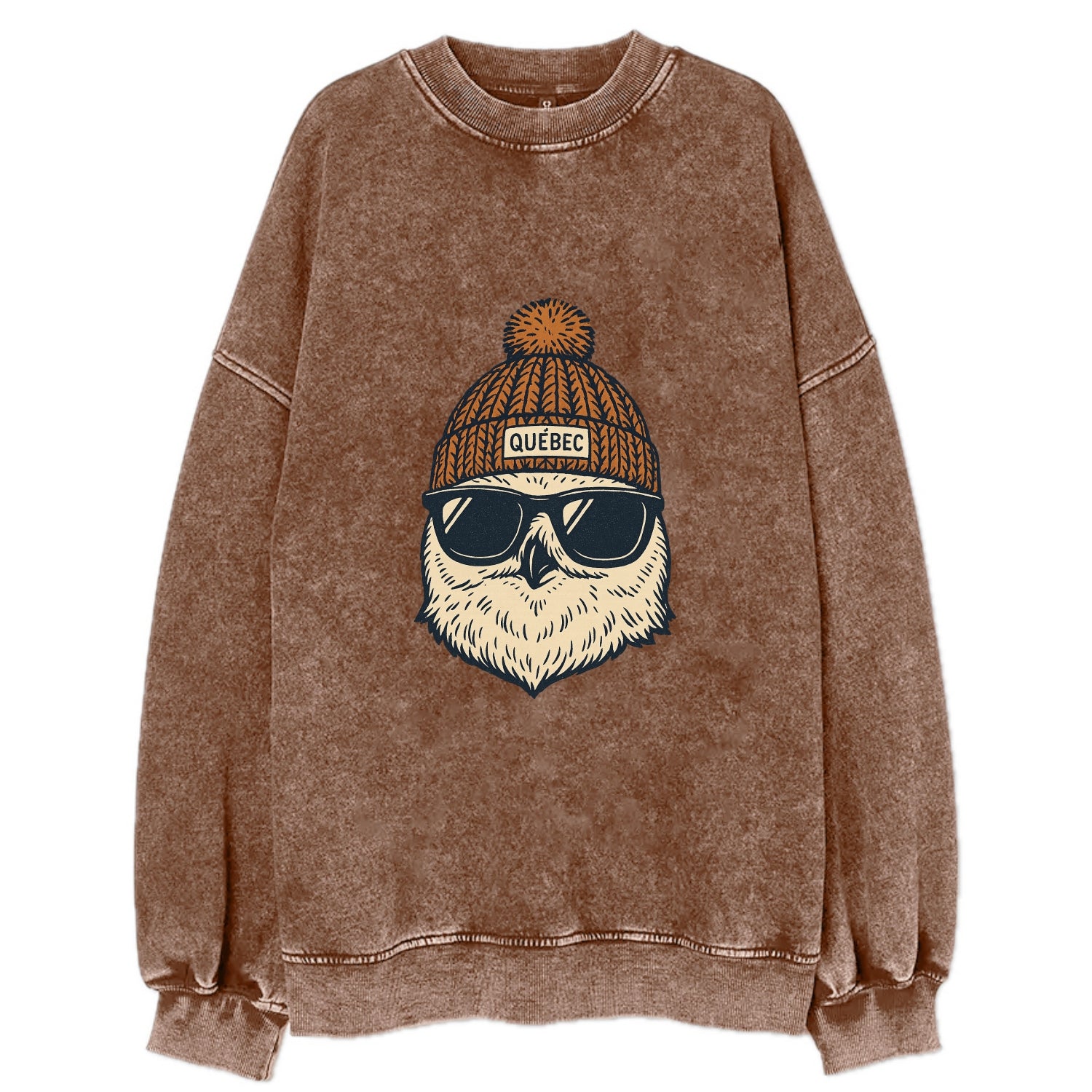 Quebec City Snowy Owl wearing Quebec beanie with pom pom and wayfarer - Vintage Sweatshirt - Brown