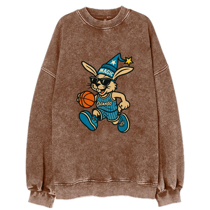 Orlando Rabbit wearing Magic blue and silver beanie with wizard hat and - Vintage Sweatshirt - Brown