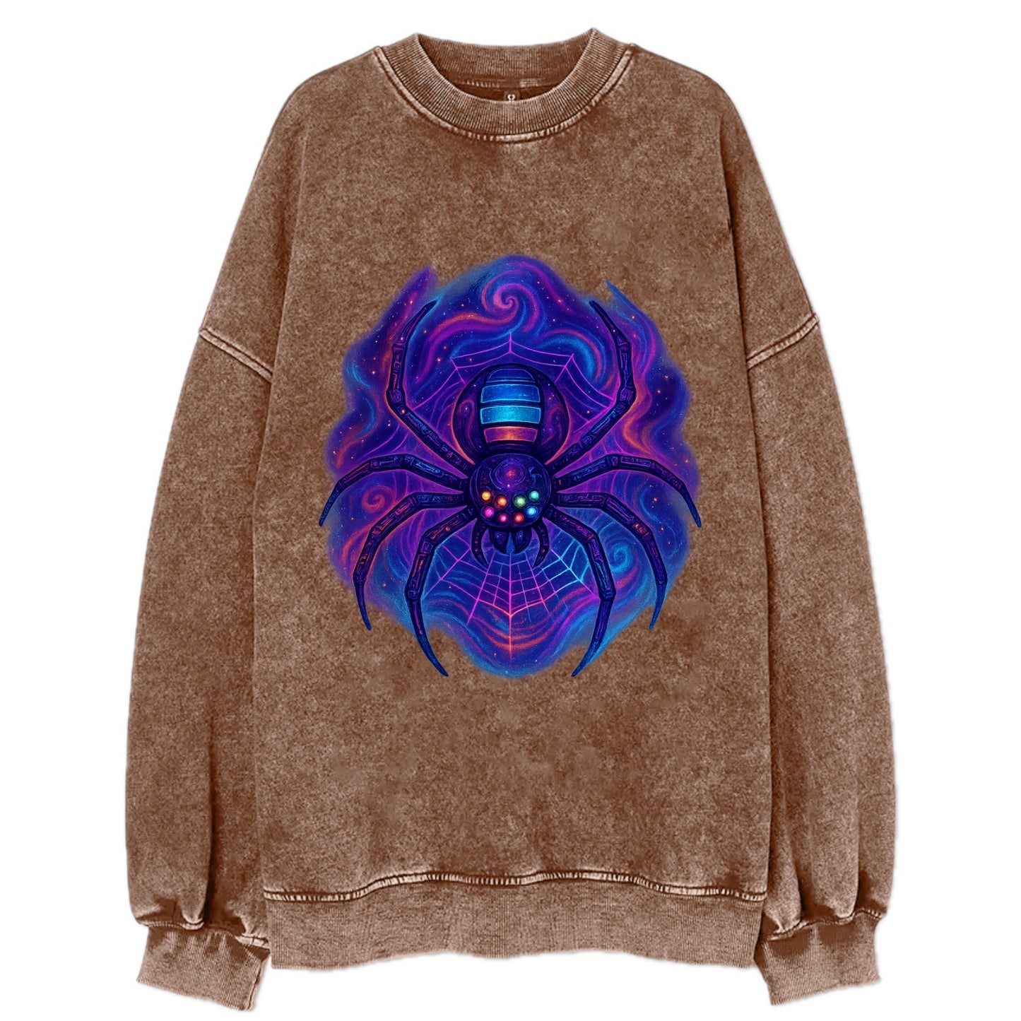 Tech spider with legs showing circuit board patterns, web glowing in neon grid - Vintage Sweatshirt - Brown
