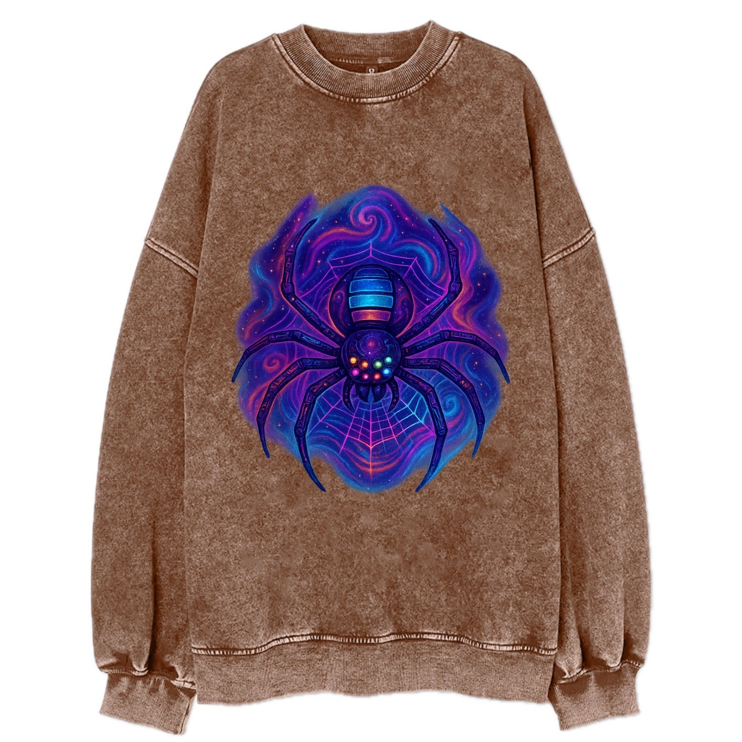 Tech spider with legs showing circuit board patterns, web glowing in neon grid - Vintage Sweatshirt - Brown