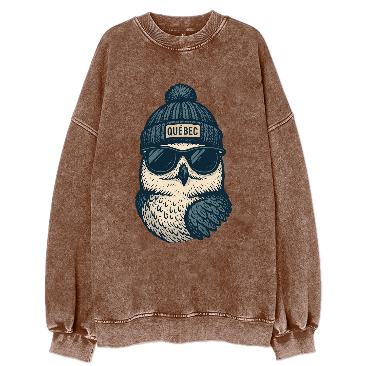 Quebec City Snowy Owl wearing Quebec bea - Vintage Sweatshirt - Brown