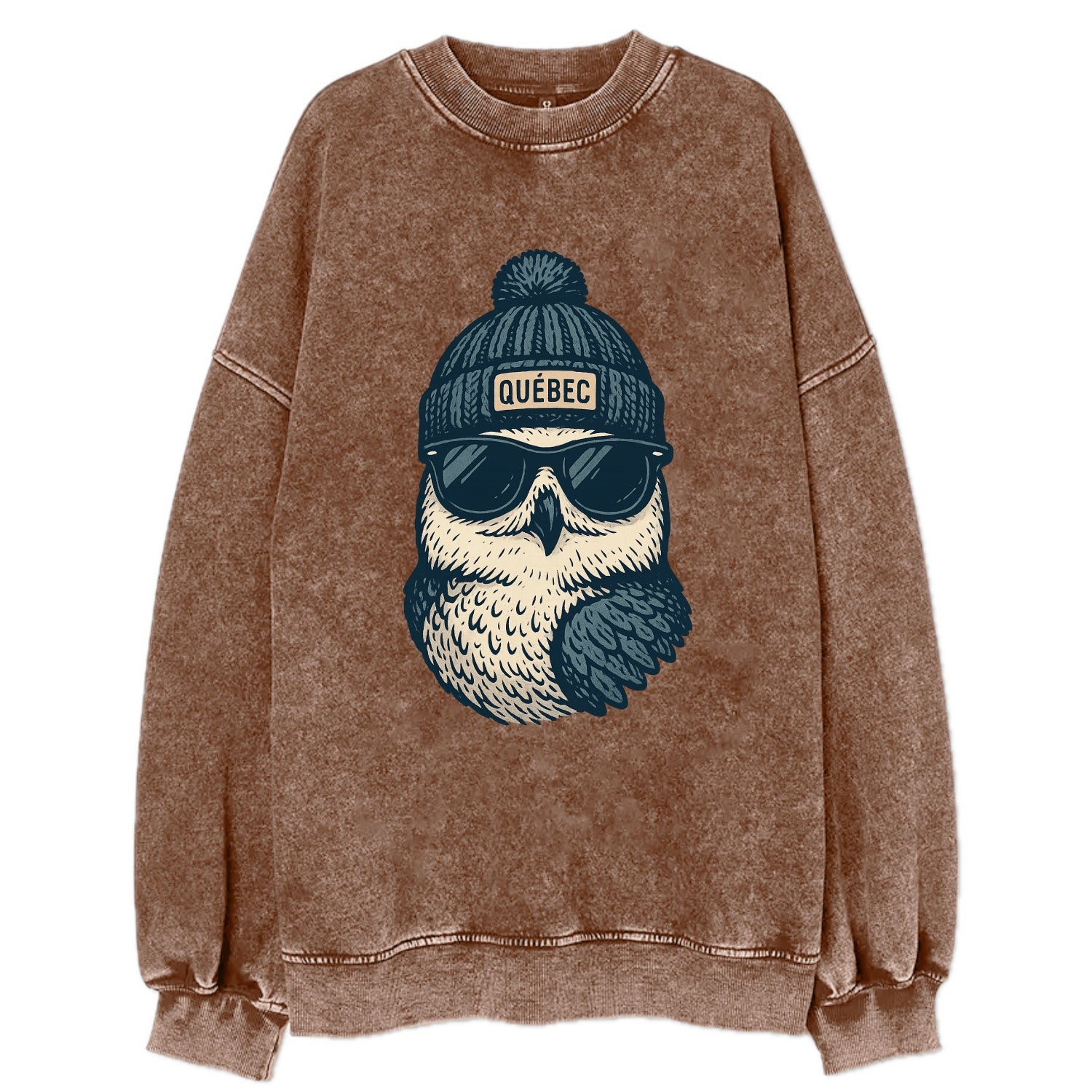 Quebec City Snowy Owl wearing Quebec bea - Vintage Sweatshirt - Brown