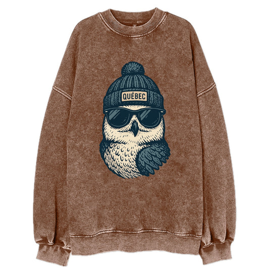 Quebec City Snowy Owl wearing Quebec bea - Vintage Sweatshirt - Brown