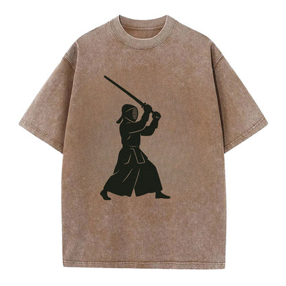 Kendo swordsman in striking stance - Vintage T-shirt - Brown