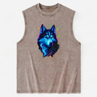 Siberian husky with ice-crystal flowing patterns, electric blue and white - Vintage Washed Tank - Brown
