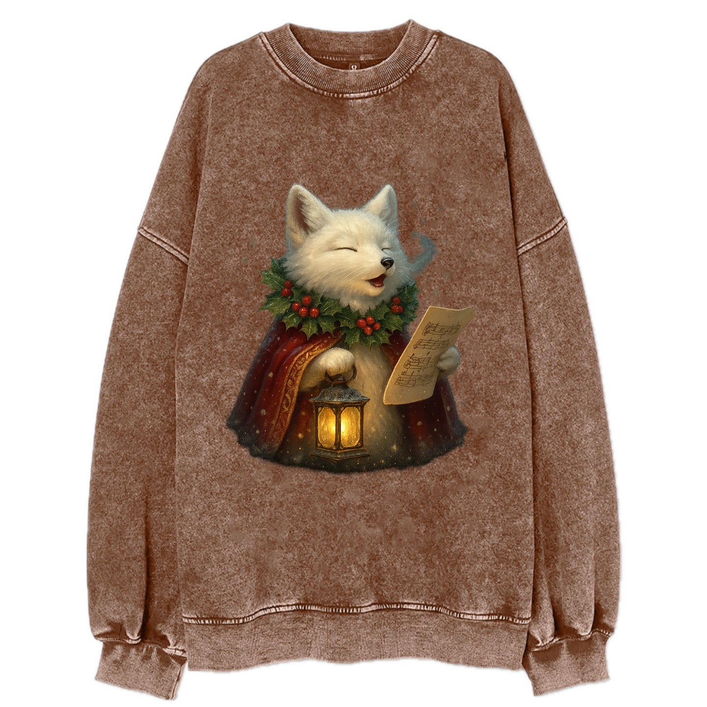 Snowbound Arctic Fox Caroler  - Vintage Sweatshirt - Brown