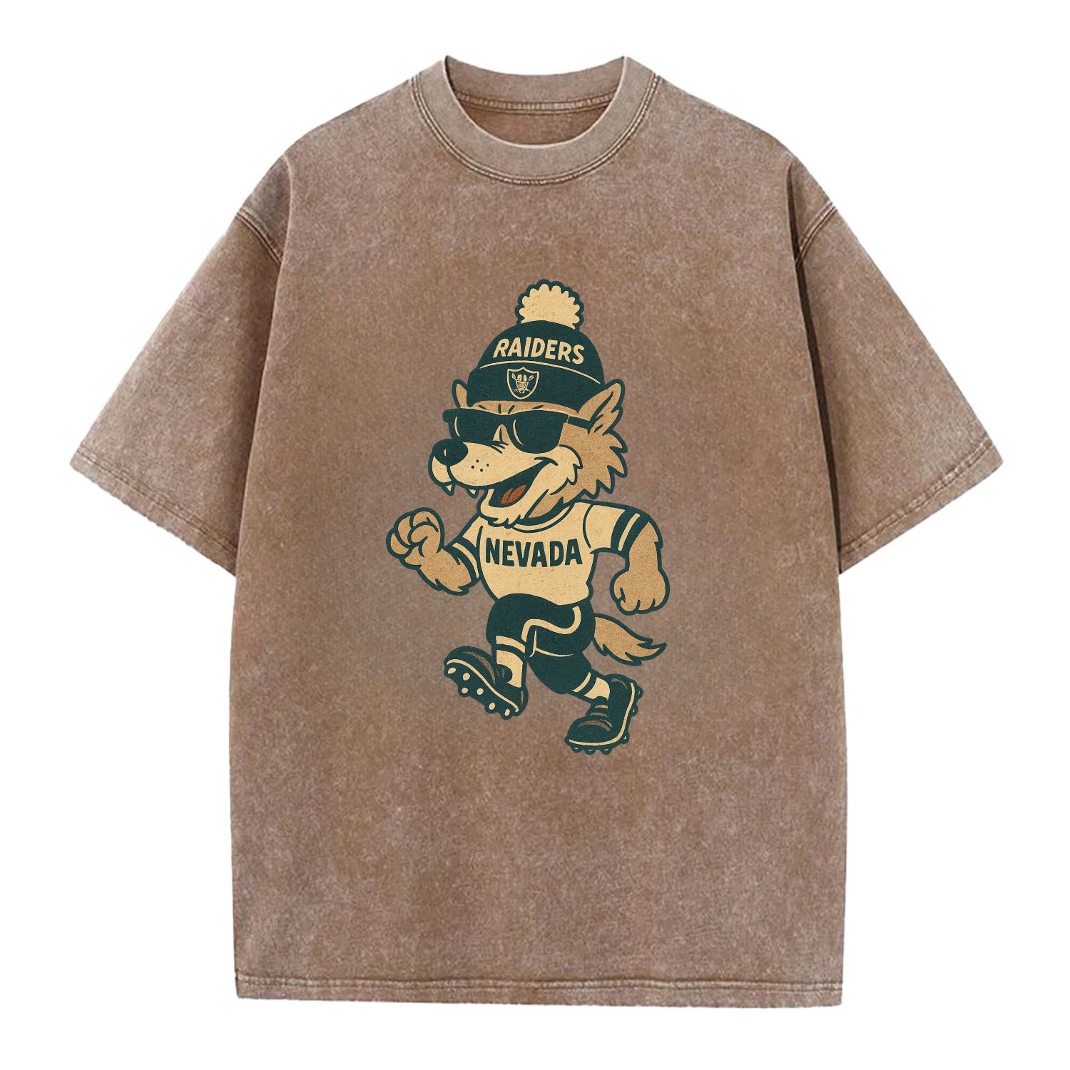 Nevada Wolf wearing Raiders beanie with outlaw patch and wayfarer sunglasses - Vintage T-shirt - Brown