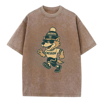 Nevada Wolf wearing Raiders beanie with outlaw patch and wayfarer sunglasses - Vintage T-shirt - Brown
