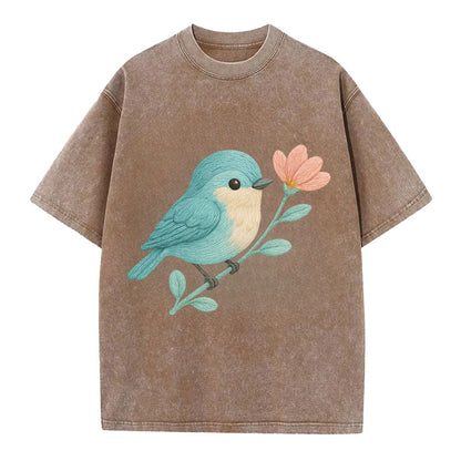 Aqua Chickadee - Vintage T-shirt - Brown