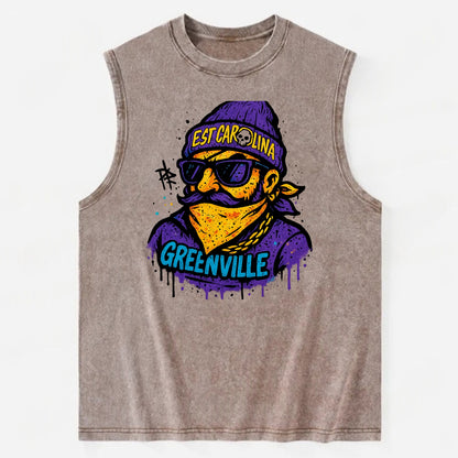 Greenville Pirate wearing East Carolina beanie with skull patch - Vintage Washed Tank - Brown