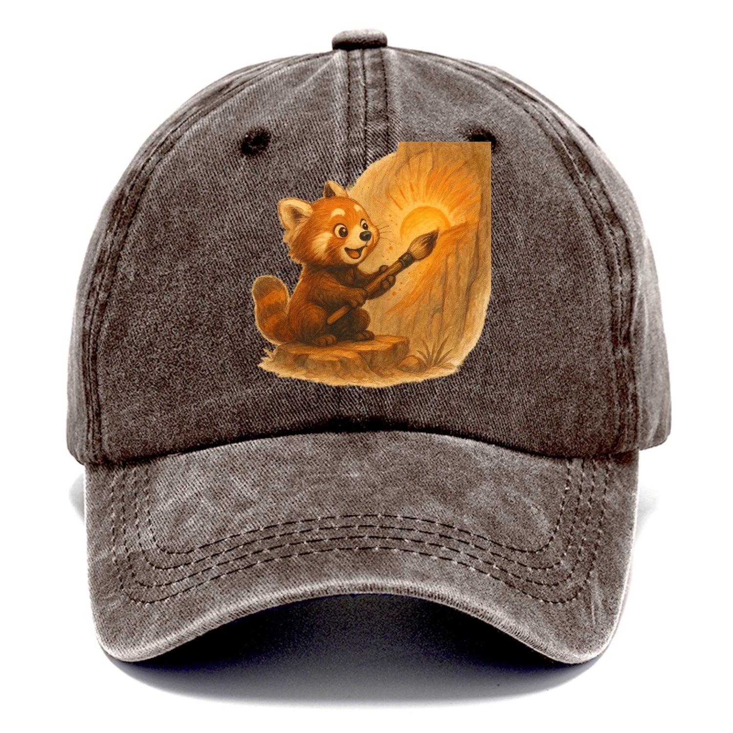 Red panda painting a sunrise mural with an oversized calligraphy brush on a cliff wall - Classic Cap - Brown