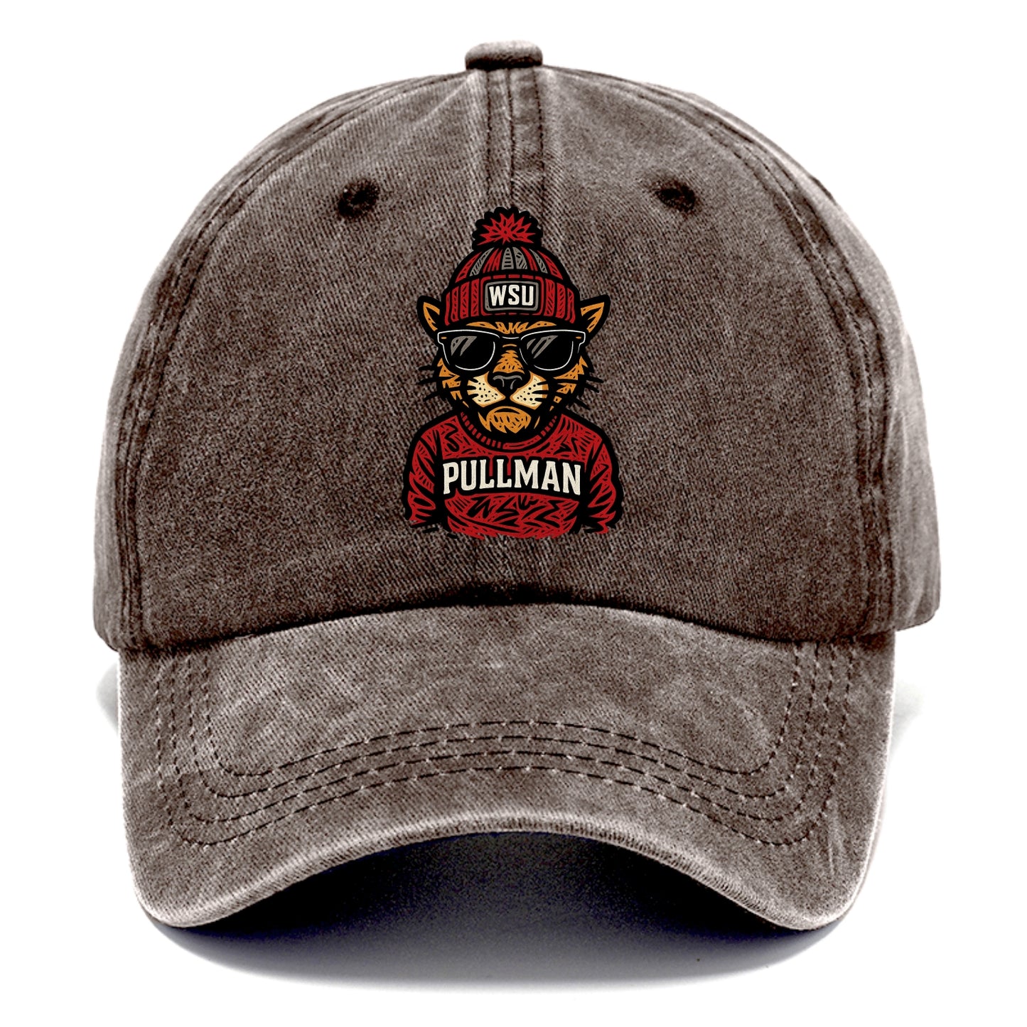 Pullman Cougar wearing Washington State beanie with WSU patch - Classic Cap - Brown