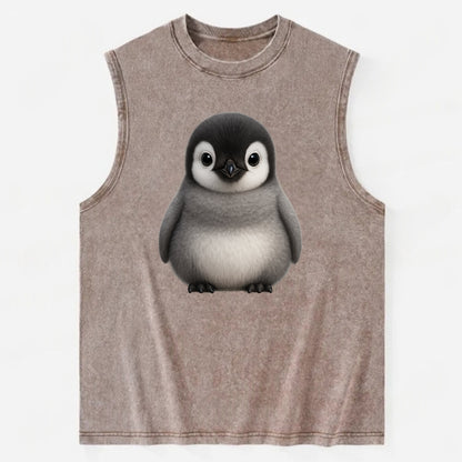 Baby Adelie Penguin - black and white, round body, curious eyes, - Vintage Washed Tank - Brown